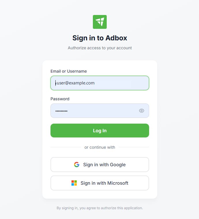 Adbox sign-in screen for authorizing the MCP connection