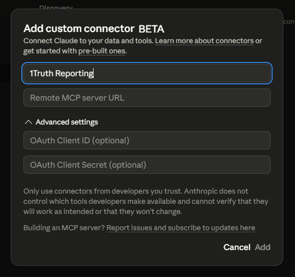 Adding the DeltaX Reporting MCP as a custom connector in Claude
