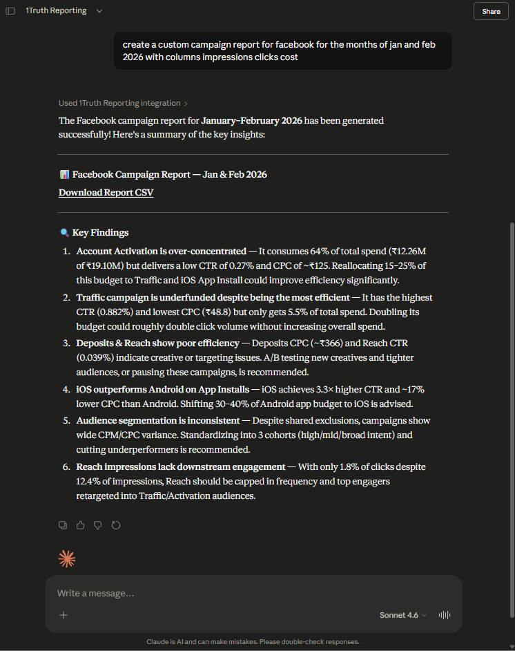 Claude using the Reporting MCP connector to generate a report