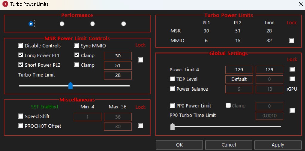 ThrottleStop Turbo Power Limits window showing an MSR row reading PL1 30 and PL2 51, and an MMIO row reading PL1 6 and PL2 15.